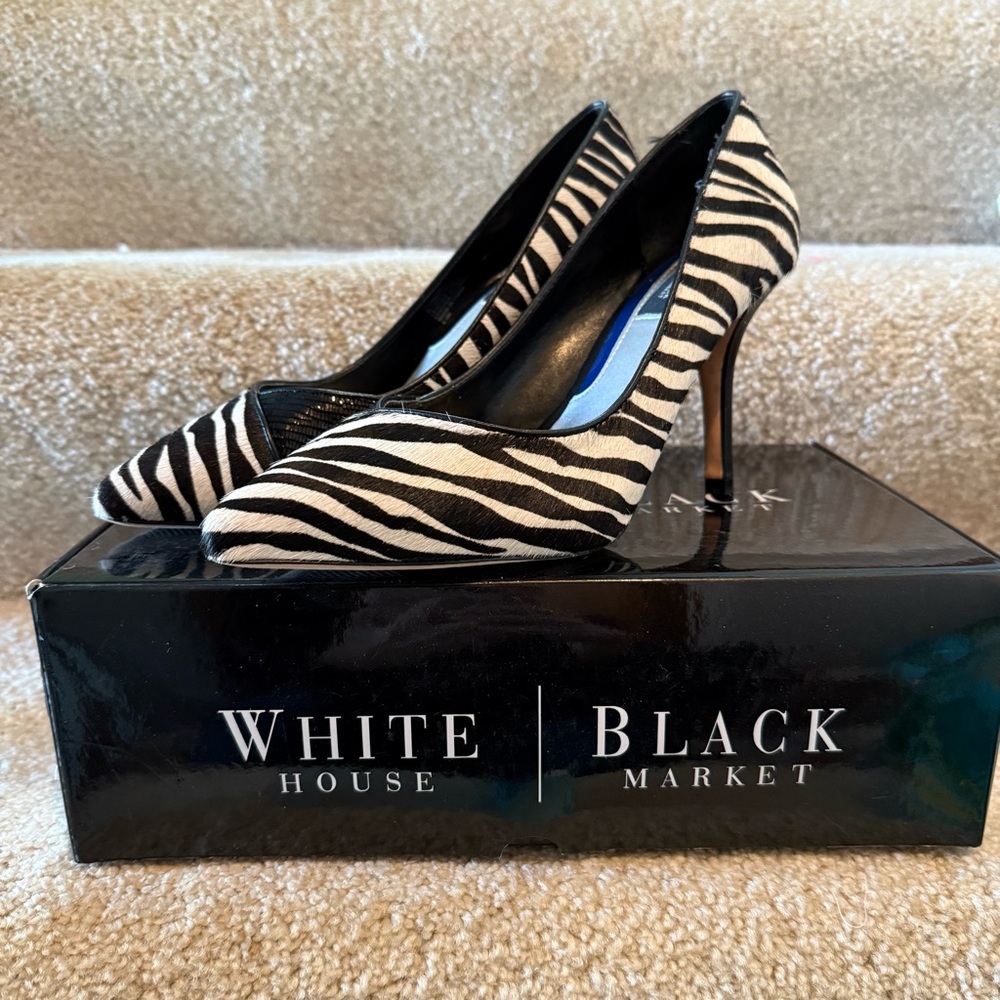 White House Black Market Black and White Heels with Zebra Pattern - New!